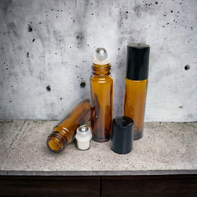 Sticluță ambră reutilizabilă cu roll on metalic și capac negru 10ml - CraftUp