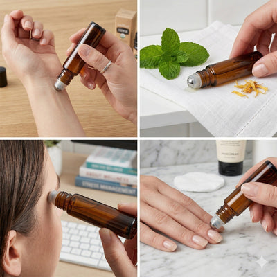 Sticluță ambră reutilizabilă cu roll on metalic și capac negru 10ml - CraftUp