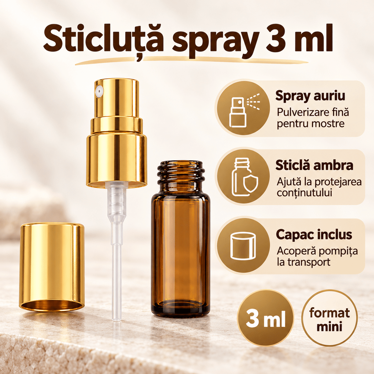 Sticluță ambră reutilizabilă cu spray și capac auriu 3 ml - CraftUp