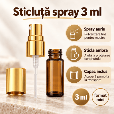 Sticluță ambră reutilizabilă cu spray și capac auriu 3 ml - CraftUp