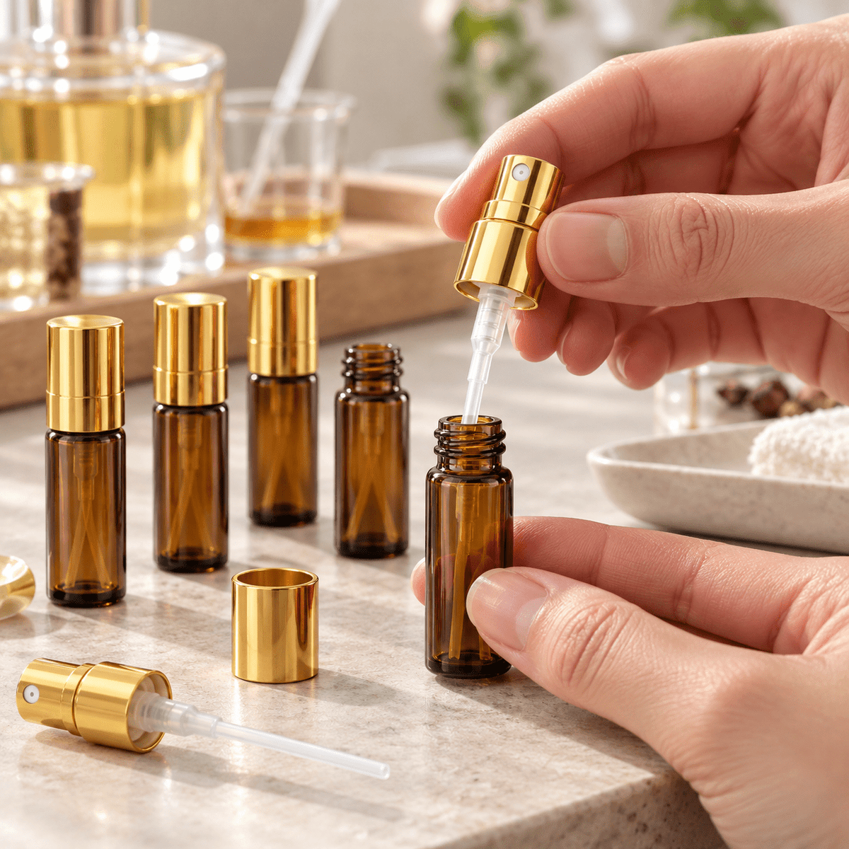 Sticluță ambră reutilizabilă cu spray și capac auriu 3 ml - CraftUp