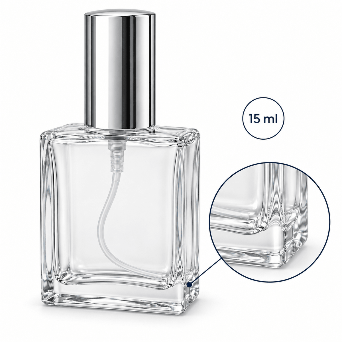 Sticluță de parfum pătrată cu spray și capac argintiu, 15 ml - transparentă - CraftUp