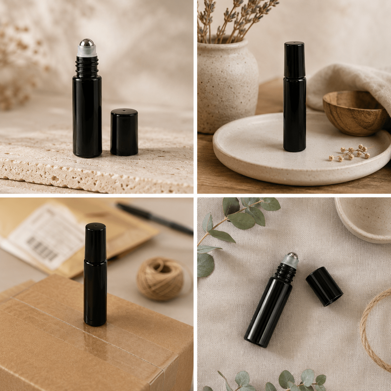 Sticluță neagră reutilizabilă cu roll-on metalic și capac negru 10ml - CraftUp