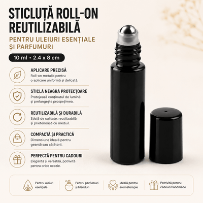 Sticluță neagră reutilizabilă cu roll-on metalic și capac negru 10ml - CraftUp