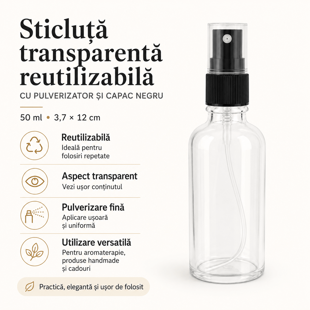 Sticluță transparentă reutilizabilă cu spray și capac 50ml - CraftUp