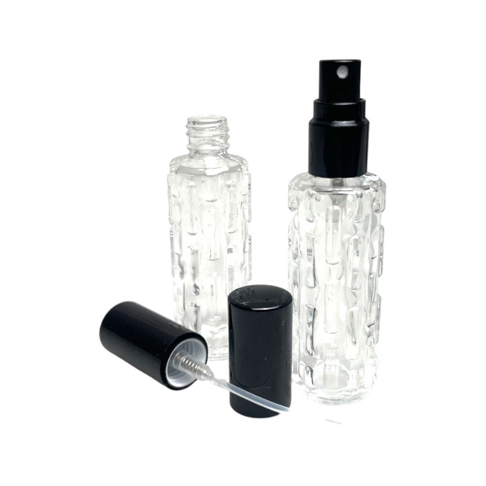 Sticluță transparentă reutilizabilă model liniar cu spray și capac negru 10 ml - CraftUp