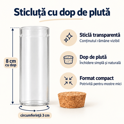 Sticluță transparentă tip eprubetă cu dop de plută 30 ml - CraftUp