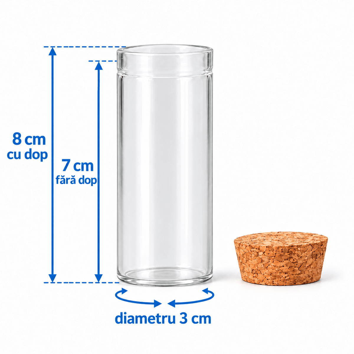 Sticluță transparentă tip eprubetă cu dop de plută 30 ml - CraftUp