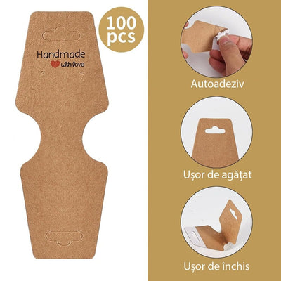 Suport în formă de trapez cu adeziv si mesaj Handmade with love - kraft (set 100 buc) - CraftUp