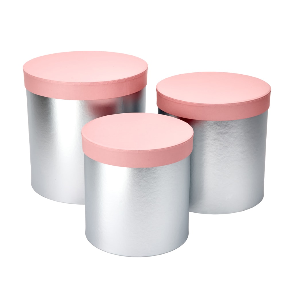 Set 3 Cutii Rotunde Lucioase Doua Culori - Argintiu/roz